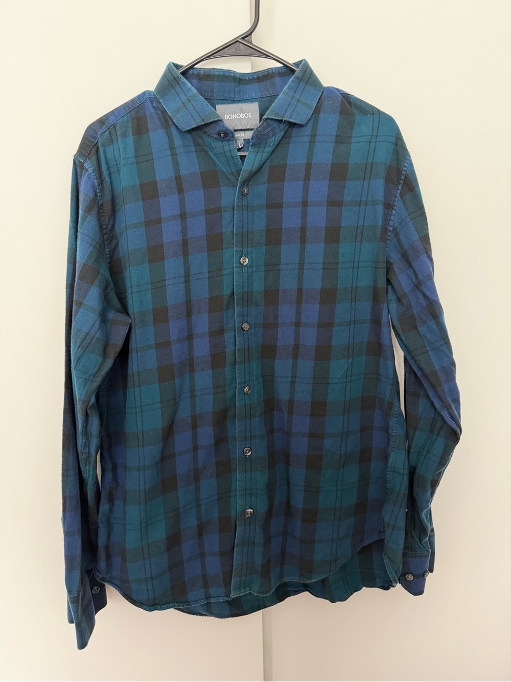 Bonobos Men's Button Down Shirt Blue Green Checkered 100% Cotton Slim Fit